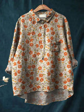 Women's Vintage Orange Flower Art Print Casual Cotton And Linen Shirt